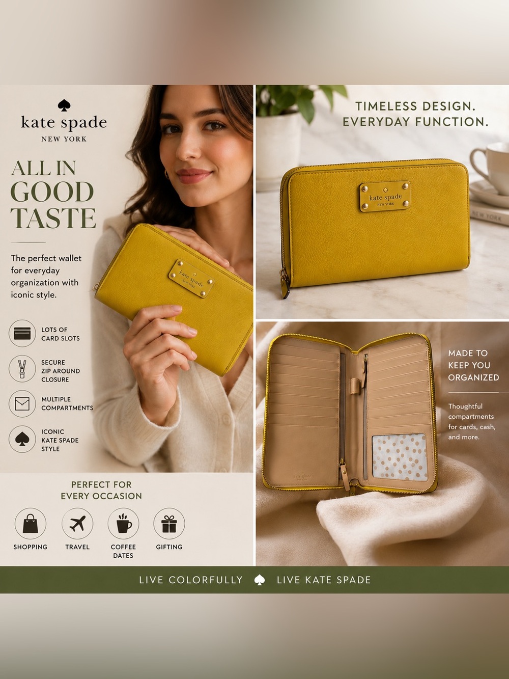 kate spade yellow zip-around wallet with gold plaque